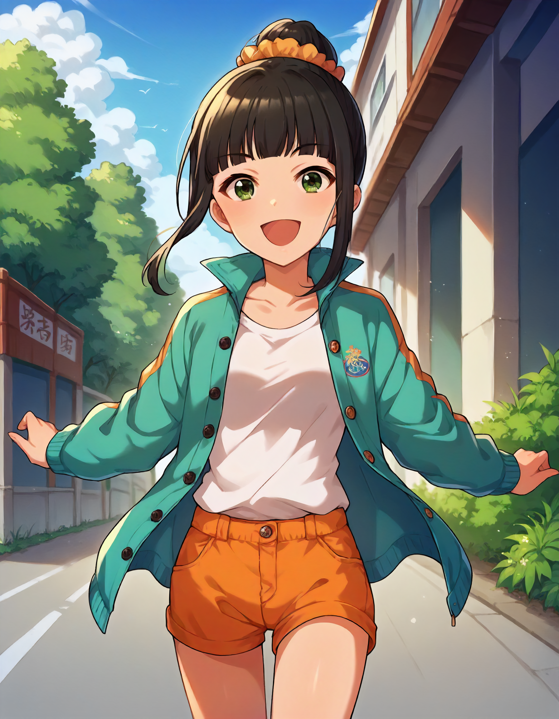 score_9,score_8_up,score_7_up,1girl,solo,cowboy shot,looking at viewer,smile,open mouth,outdoors,japanese,
<lora:hamaguchiayame_ponyXLV6:0.8>,cghaym,black hair,single hair bun,blunt bangs,green eyes,
hair scrunchie,cyan jacket,open clothes,shirt,orange short shorts