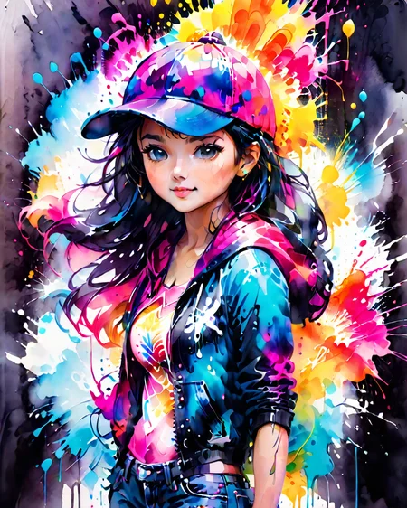a cute girl composed of colorful splashing ink,
bangs,headphones,blue eyes,black hair,(disheveled hair),Baseball cap,(jacket|hoodie),jeans,thigh strap,hands in pocket,cowboy shot,
ink splashing,<lora:ink_splashing:1>,
