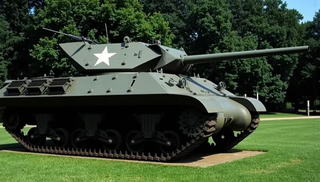 The M10 was a US tank destroyer used in WWII. Overall length is 6.83m (including barrel), body length is 5.96m, overall width is 3.04m, and overall height is 2.57m.low angle. from side.no humans.The Allied identification mark "White Star".Wheels, tracks., <lora:m10:0.9>,m10,
