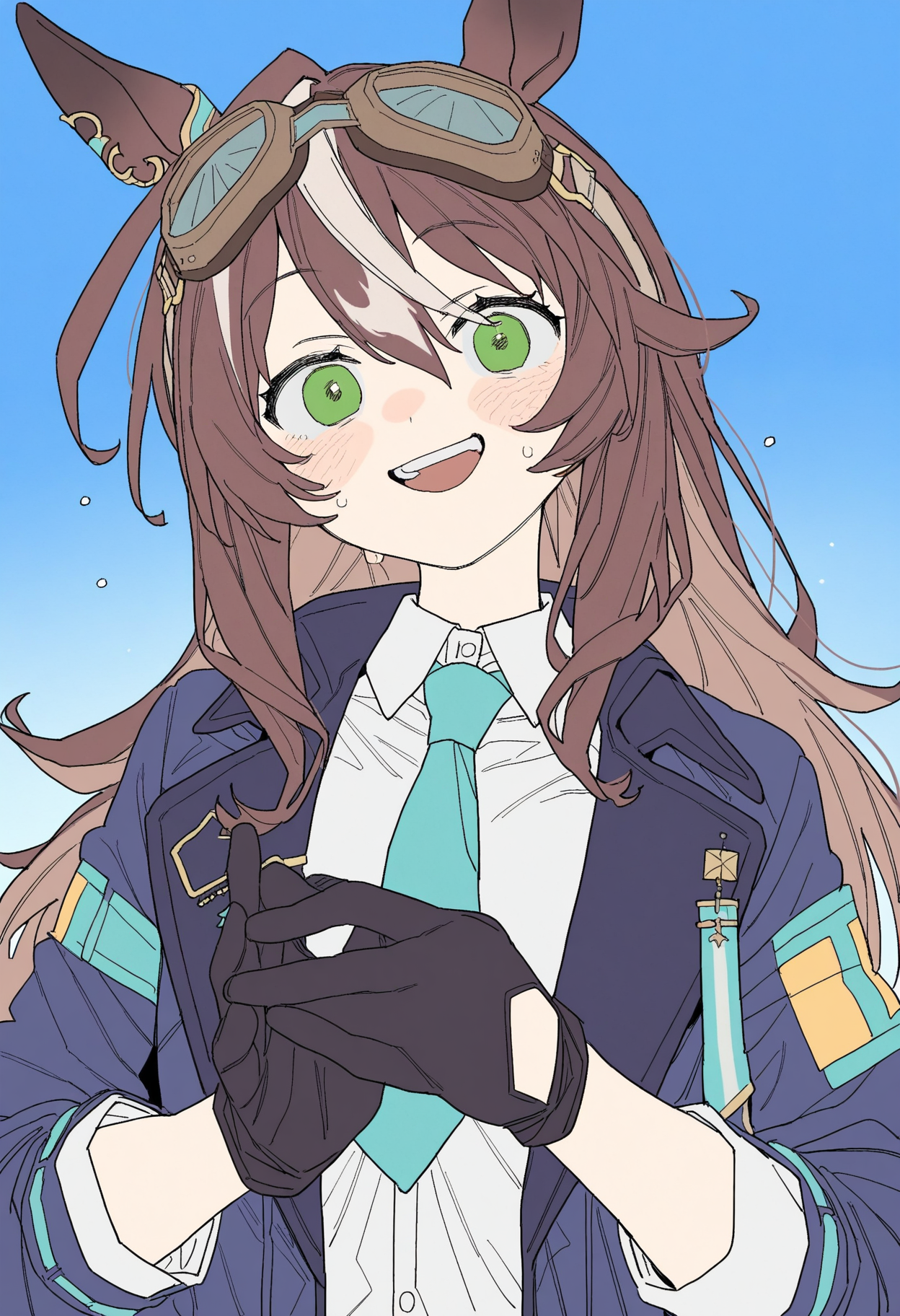 masterpiece,best quality,amazing quality,
1girl, solo, goggles, animal ears, gloves, horse ears, brown hair, goggles on head, black gloves, shirt, multicolored hair, jacket, looking at viewer, hair between eyes, white shirt, bangs, open mouth, upper body, necktie, smile, green eyes, horse girl, collared shirt, teeth, streaked hair,
 <lora:Dayama_epoch_8:1>