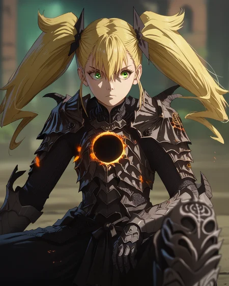score_9, score_8_up, score_7_up, solo, source_anime, 1girl, sitting, full armor, armor,glowing, blurred background,<lora:ringedknight:0.9>, <lora:kikoru-shinomiya-s1-ponyxl-lora-nochekaiser:1>, kikoru shinomiya, long hair, blonde hair, ribbon, twintails, green eyes, hair between eyes,