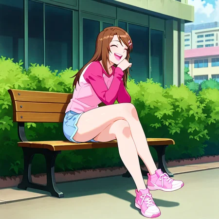 masterpiece, best quality, Diana, 1girl, solo, brown hair, long hair, closed eyes, pink hairclip, soft pink lips, bubblegum light pink shirt, hot pink raglan sleeves, blue denim shorts, pink sneakers, fullbody, laughing, sitting on bench, legs crossed,<lora:Diana_Lombard_illustrious_Leaf1-000010:1>, school building, bushes in background, anime screenshot,