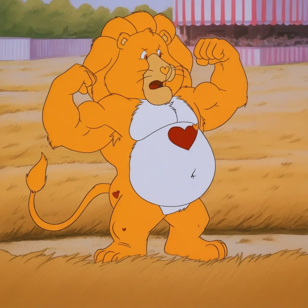 lion, yellow body, standing very tall, muscular, round belly, bara, mane, tail, detailed eyes, solo, flexing arms, in an open field, heart shaped nose,