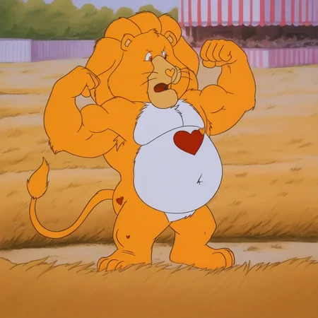 lion, yellow body, standing very tall, muscular, round belly, bara, mane, tail, detailed eyes, solo, flexing arms, in an open field, heart shaped nose,