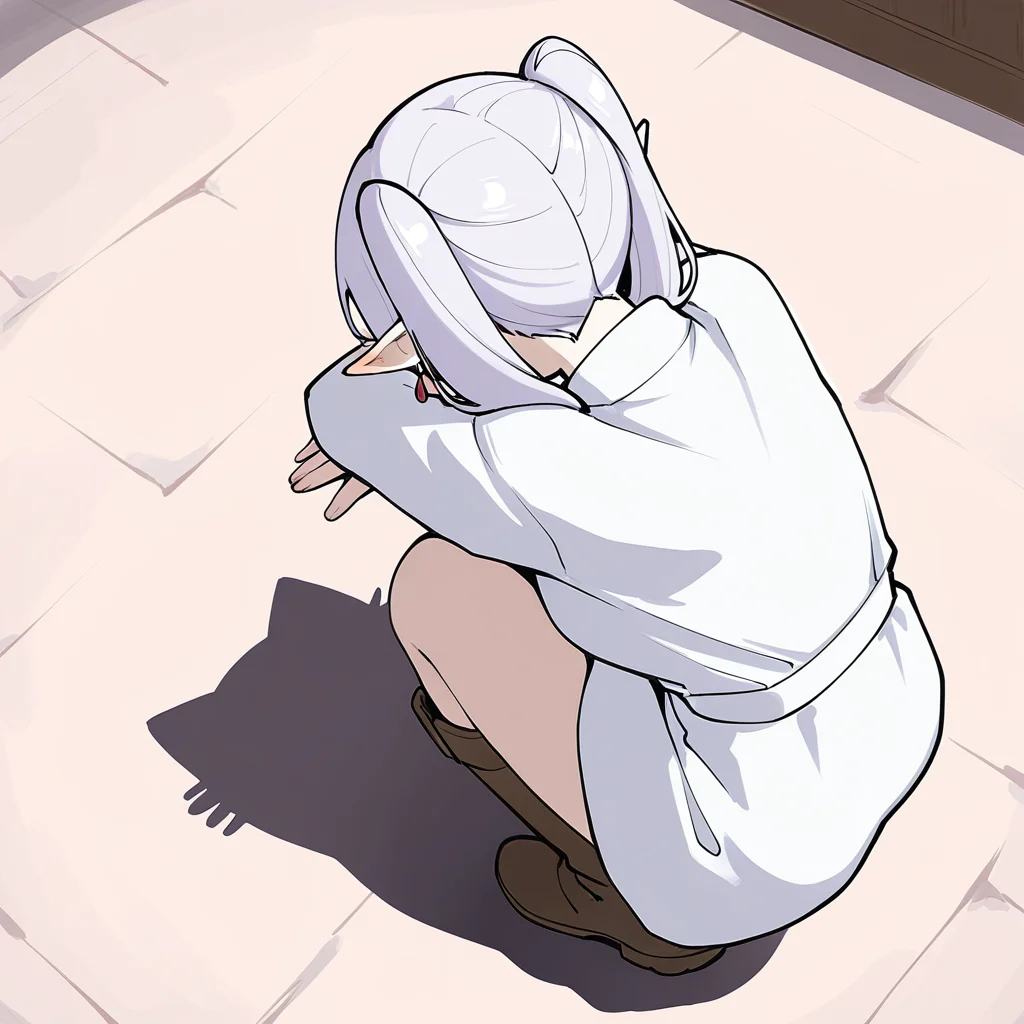 masterpiece,best quality,year 2024,newest,absurdres,high resolution,ultra-detailed,incredibly absurdres,
1girl,<lora:catshadow:0.8>,catshadow,facing away,from above,squatting,from behind,shadow,solo,full body,frieren,white hair,long hair,twintails,
