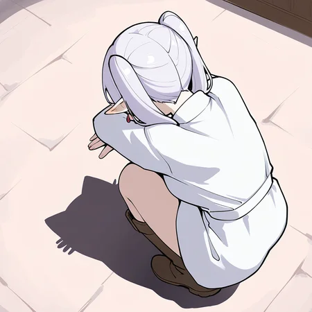 masterpiece,best quality,year 2024,newest,absurdres,high resolution,ultra-detailed,incredibly absurdres,
1girl,<lora:catshadow:0.8>,catshadow,facing away,from above,squatting,from behind,shadow,solo,full body,frieren,white hair,long hair,twintails,