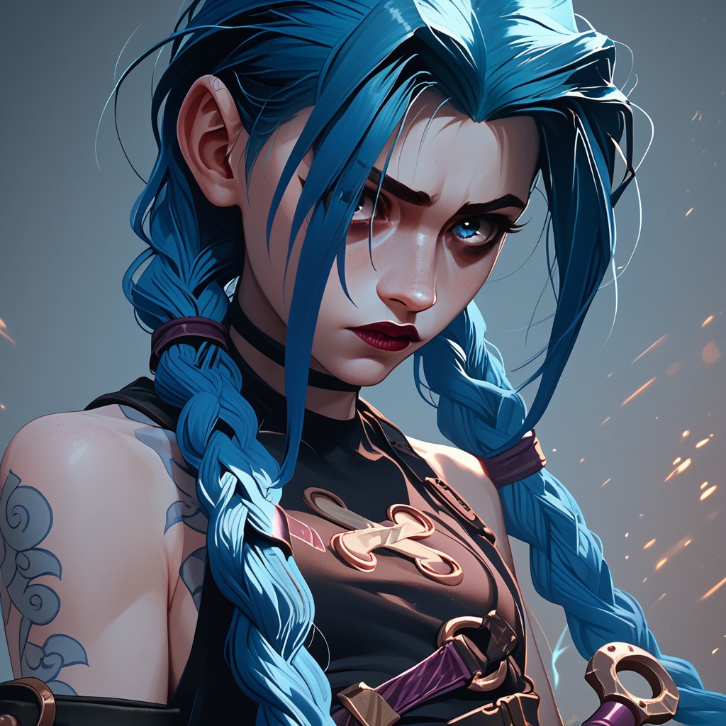 score_9, score_8_up, score_7_up, score_6_up, score_5_up, score_4_up, 1girl, JinxPowder, very long double braids, holding weapon