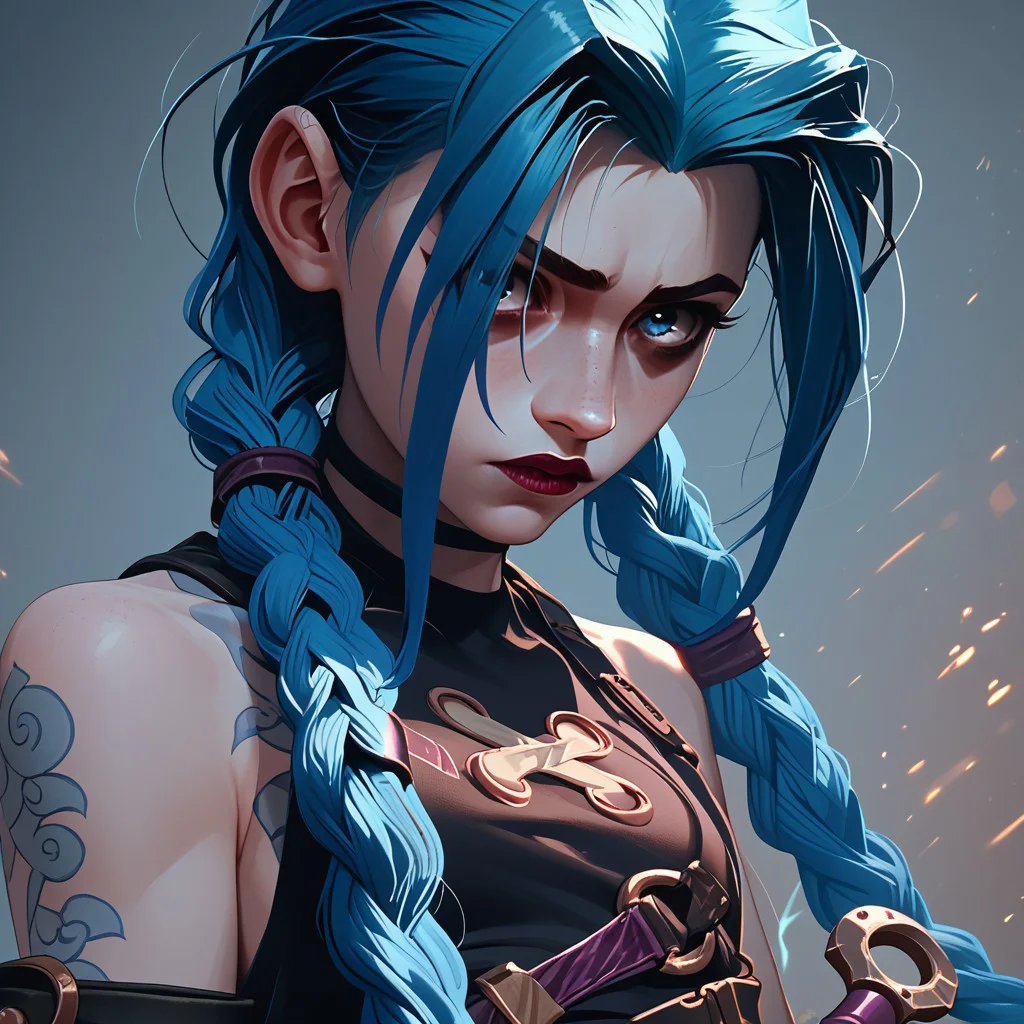 score_9, score_8_up, score_7_up, score_6_up, score_5_up, score_4_up, 1girl, JinxPowder, very long double braids, holding weapon