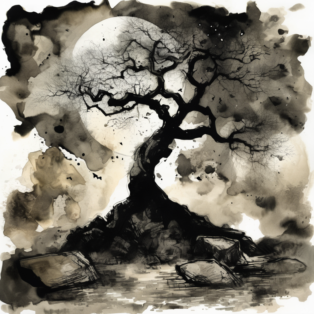 astrstica old tree on the rock, dark atmosphere, black ink <lora:astrstica:1>