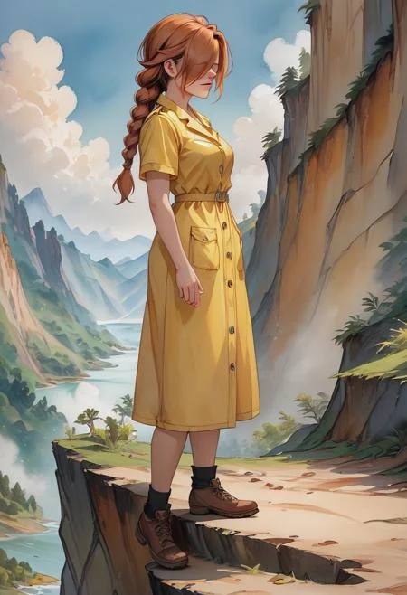 high res, good quality, accurate face, ((high resolution:1.2), (hi-res:1.2), masterpiece, best quality), ng_deepnegative_v1_75t, easynegative, fcNeg, masterpiece, best quality), Girl wearing a yellow raincoat, Long brown hair, braided hair, Hair Covering eyes, Pale white skin, girl walking across cliff, yellow skies in the background, zoomed out view of cliff, multiple views of cliff, full body, 2d flat, solo, Expressiveh, watercolor \(medium\), traditional media,