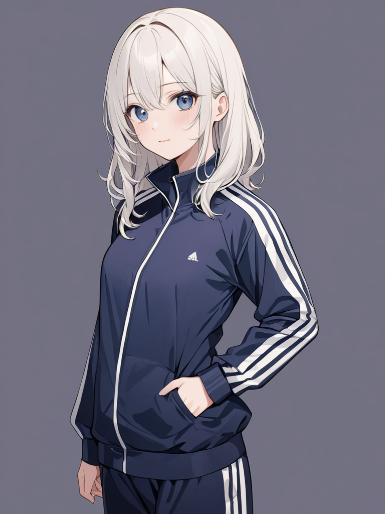masterpiece,ultra-detailed,best quality,8K,illustration,cute face,clean skin ,shiny hair,girl,ultra-detailed-eyes,simple background, <lora:add-detail-xl:1>  <lora:tracksuits_XL_V1.0:1> tracksuits, long sleeves