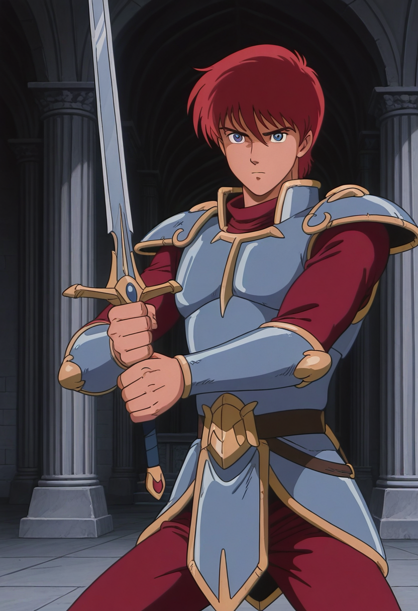 1boy, solo, adolysiova, red hair, blue eyes, armor, red shirt, vambraces, red pants, holding sword, serious, cowboy shot, fighting stance, indoors, temple,