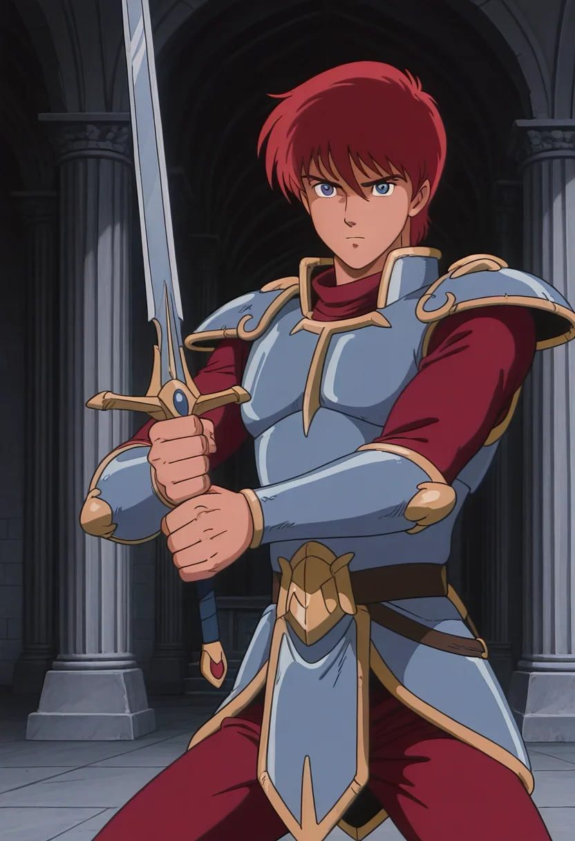 1boy, solo, adolysiova, red hair, blue eyes, armor, red shirt, vambraces, red pants, holding sword, serious, cowboy shot, fighting stance, indoors, temple,