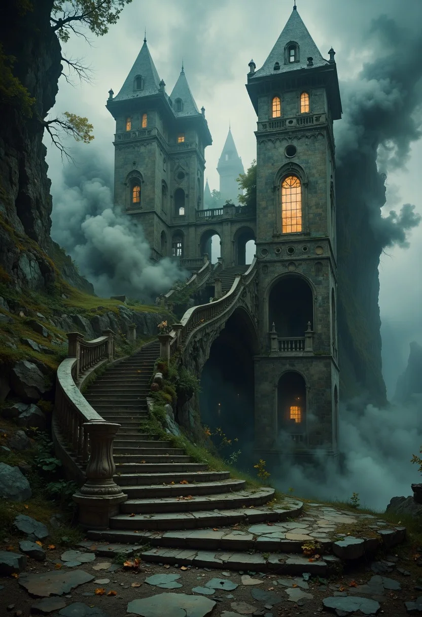 hepperrealistic, (ancient, ominous, ghostly) | An ancient, crumbling castle with (ghostly light emanating from its windows), as if haunted by unseen presences. | Foreground: decayed stone steps lead toward the base of the CASTLE, its walls cracked and weathered. | Background: a dense fog encircles the castle, with faint shadows moving behind the windows. | A cold, eerie glow leaks through the broken glass. (high contrast, cinematic shadows, muted tones)