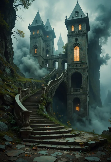 hepperrealistic, (ancient, ominous, ghostly) | An ancient, crumbling castle with (ghostly light emanating from its windows), as if haunted by unseen presences. | Foreground: decayed stone steps lead toward the base of the CASTLE, its walls cracked and weathered. | Background: a dense fog encircles the castle, with faint shadows moving behind the windows. | A cold, eerie glow leaks through the broken glass. (high contrast, cinematic shadows, muted tones)