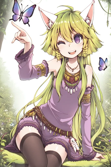 masterpiece, best quality, amazing quality,
 <lora:CrzNghbr_IL:1> crznghbr, 1girl, solo, long hair, one eye closed, animal ears, purple eyes, thighhighs, bug, butterfly, green hair, detached sleeves, smile, blonde hair, open mouth, necklace, jewelry, mnchr