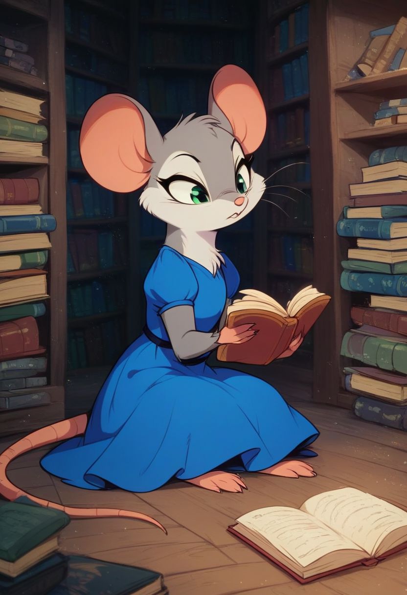 score_9, score_8_up, score_8, solo, (fluffy:0.8), (feral:2), indoors, library, reading, furry, (((mouse))), female, greenish eyes, grey fur, claws, (fluffy cheeks:0.7), (blue dress), (solo:2), sitting, annoyed expression, j_cartoon, cute,