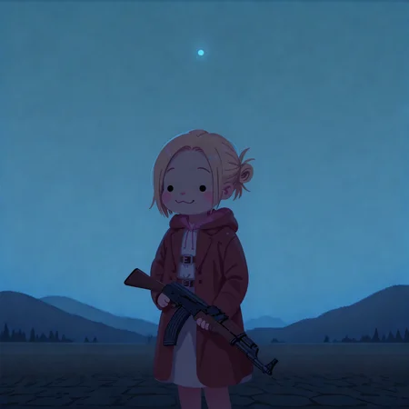 embedding:IllusP0s, pikaole, ak-47, assault rifle, holding, 1girl, mischievous, giggle, cute, 1girl, solo, Annie Leonhart_\(shingeki no kyojin\), outdoors, night<lora:ak-47.safetensors:1.0:1.0> <lora:pikaole_ill.safetensors:1:1>