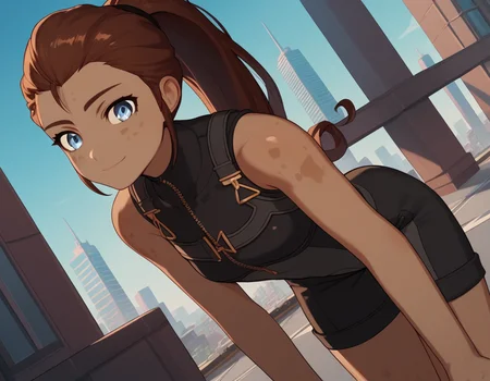 score_9, score_8_up, score_7_up, source_anime, <lora:ilia-amitola-ponyxl-lora-nochekaiser:1>, ilia amitola, long hair, blue eyes, brown hair, ponytail, dark skin, dark-skinned female,, bare shoulders, bodysuit,, cityscape, street, bent over, smile, looking at viewer, solo, cowboy shot, dutch angle
