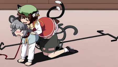 masterpiece,best quality,<lora:tgm-noob05:1>,anime coloring,
animal ears,chen,nazrin,2girls,tail,grey hair,cat ears,mouse ears,brown hair,jewelry,red eyes,hat,cat tail,short hair,mob cap,animal ear fluff,multiple tails,mouse tail,capelet,open mouth,earrings,dress,all fours,single earring,black footwear,two tails,long sleeves,tears,collar,socks,bow,closed eyes,blush,green headwear,bangs,red dress,bowtie,pendant,vest,shoes,=_=,smile,skirt,fang,nekomata,yellow bowtie,dowsing rod,crystal,red skirt,sitting,:3,shirt,yellow bow,sitting on person,carrying,white shirt,frills,leash,red vest,crying,mouse girl,gold trim,