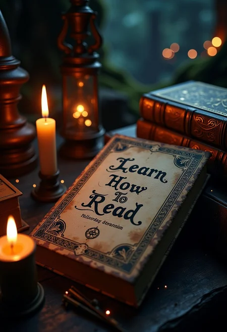 In a twilight realm of floating isles and crystal forests, an ancient spellbook titled "Learn How To Read" in dark cursive text rests against a pile of magical books with tiny dots of light floating around it on an ancient ornate altar, the book is very ornately decorated with ancient runes candles flickering in a wizard's cave, casting shadows that dance with whispered magic.