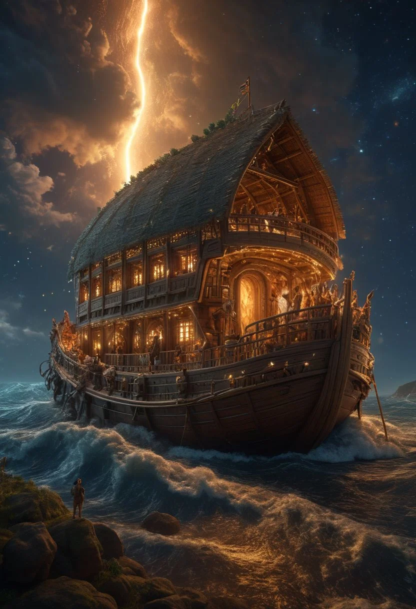 Noah and the Ark, extremely detailed, highly detailed, High detail RAW color photo, 3d, highly detailed CG unified 8K wallpapers, physics-based rendering, cinematic lighting, beautiful detailed eyes, ultra highres, 8k, cinematic lighting, ah1, night, stars, masterpiece, best quality, ultra-detailed, glistening shiny, ray tracing, (epic composition, best quality, 16k, 8k, ultra highres, absurdres, highres, masterpiece, professional artwork:1.1)