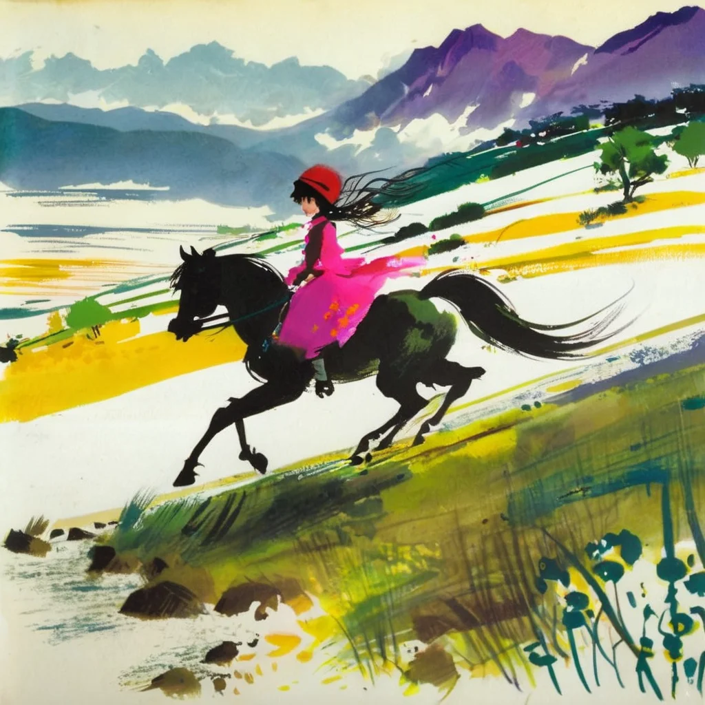 grabianski girl riding a horse in the landscape background <lora:grabianski:1>