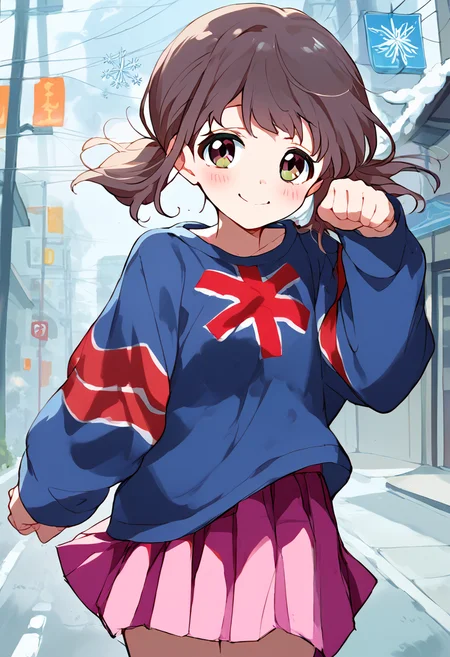 score_9,score_8_up,score_7_up,source_anime,zPDXL3,snowflakes falling,snowflakes falling gently,nighttime glow,street,tree,
*//*,<lora:KatayamaMinami-v1.0:1.0>,katayamaminami_wug,1girl,solo,brown eyes,brown hair,twintails,short twintails,bangs,pink skirt,pleated skirt,long sleeves,union jack,blue sweater,
*//*,looking at viewer,paw pose,blush,smile,