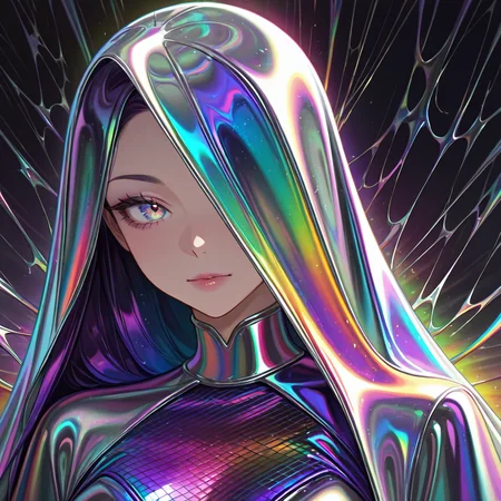 masterpiece, best quality, amazing quality, very aesthetic,
1girl, solo, wearing clothing:(iridescent satin folds, metallic rainbow glow, silk ripple),portrait,
, <lora:textural_art-6-illus:0.8>,