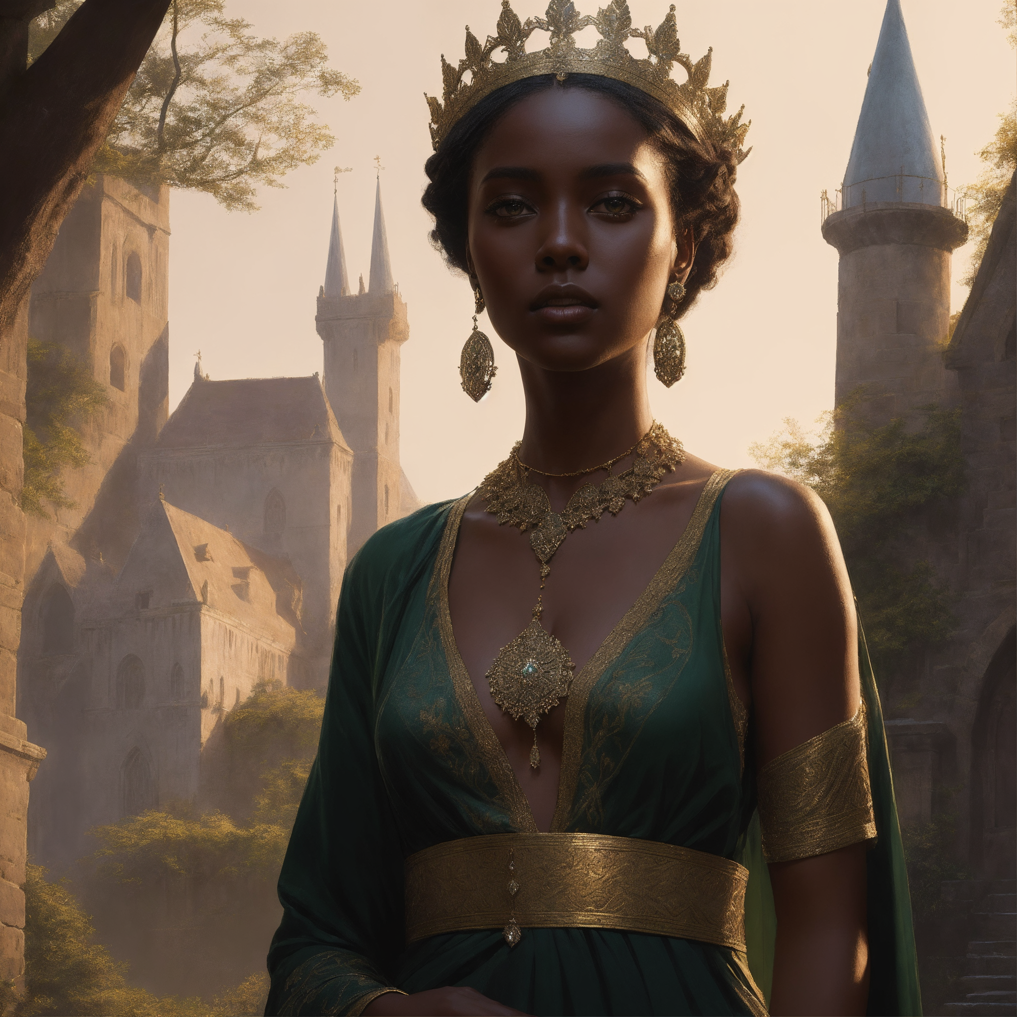 modelshoot style, (extremely detailed CG unity 8k wallpaper), full shot body photo of the most beautiful artwork in the world, medieval queen, green vale, dark skin, black woman, dark skin, golden crown, diamonds, medieval architecture, professional majestic oil painting by Ed Blinkey, Atey Ghailan, Studio Ghibli, by Jeremy Mann, Greg Manchess, Antonio Moro, trending on ArtStation, trending on CGSociety, Intricate, High Detail, Sharp focus, dramatic, photorealistic painting art by midjourney and greg rutkowski