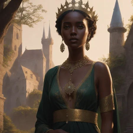 modelshoot style, (extremely detailed CG unity 8k wallpaper), full shot body photo of the most beautiful artwork in the world, medieval queen, green vale, dark skin, black woman, dark skin, golden crown, diamonds, medieval architecture, professional majestic oil painting by Ed Blinkey, Atey Ghailan, Studio Ghibli, by Jeremy Mann, Greg Manchess, Antonio Moro, trending on ArtStation, trending on CGSociety, Intricate, High Detail, Sharp focus, dramatic, photorealistic painting art by midjourney and greg rutkowski