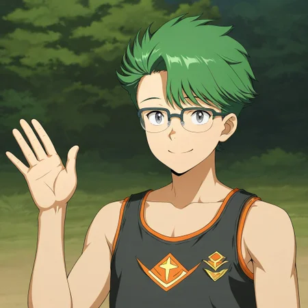 gb4_tao, green hair, short hair, grey eyes, 1boy, solo, male focus, glasses, wearing black tank top, anime style, anime draw style, perfect hands, high quality, best quality, masterpiece, outdoor setting, right hand waving