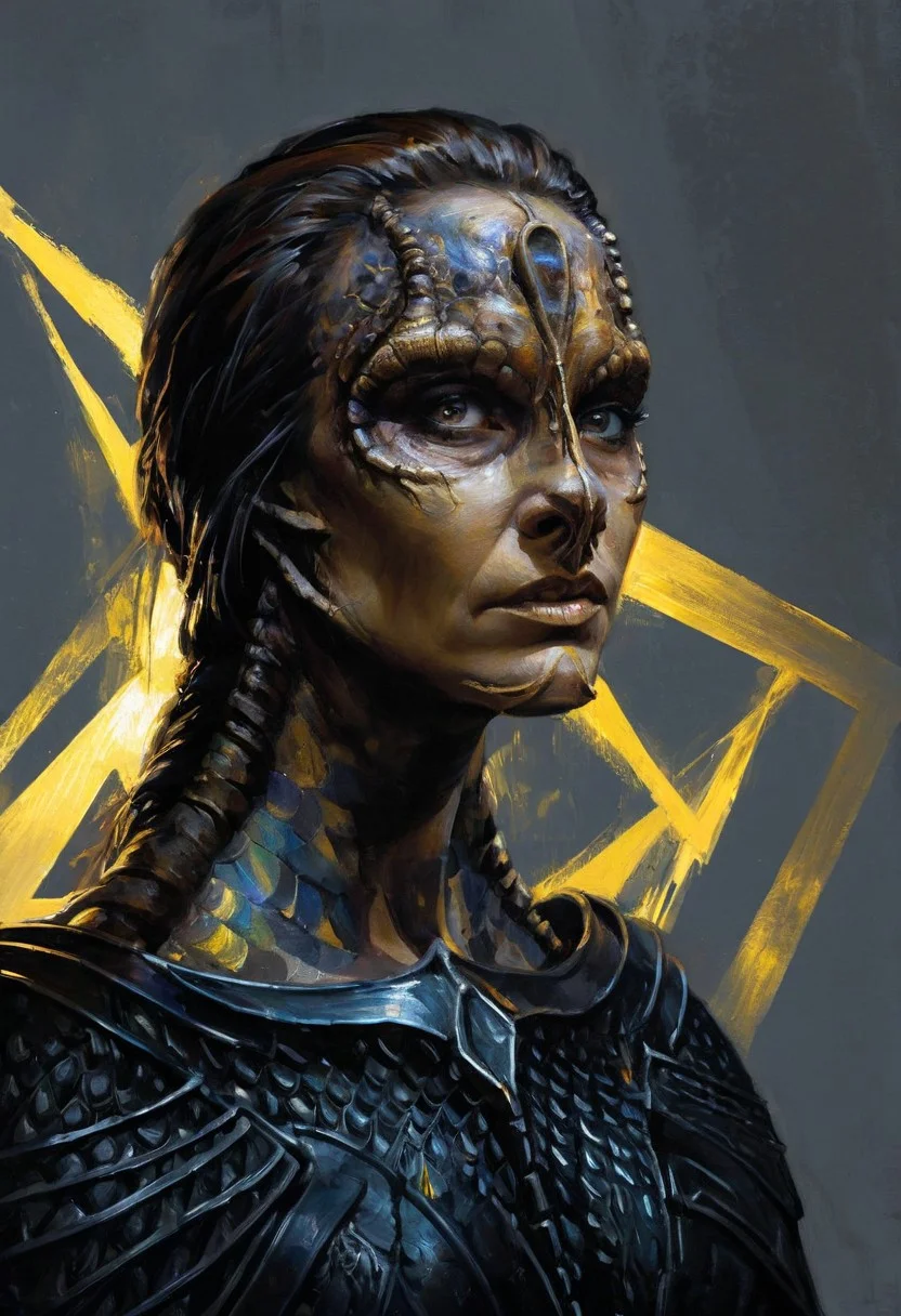 (a female c4rd45514n alien, forehead crest, grey skin, ridges, scales), approaching perfection, dynamic, moody, darkness, shadows, dark, sinister, pitch black, highly detailed, black ancient rusty knight armor, digital painting, artstation, concept art, smooth, sharp focus, illustration, art by Carne Griffiths and Wadim Kashin, dark black colors, good shadows, dim lit, devoid of color, low light, back light, hidden, obscured, black hue in hair, mirrors, prisms, reflection, refraction, prismatic, monolith, obsidian, bright yellow god rays, sun circle