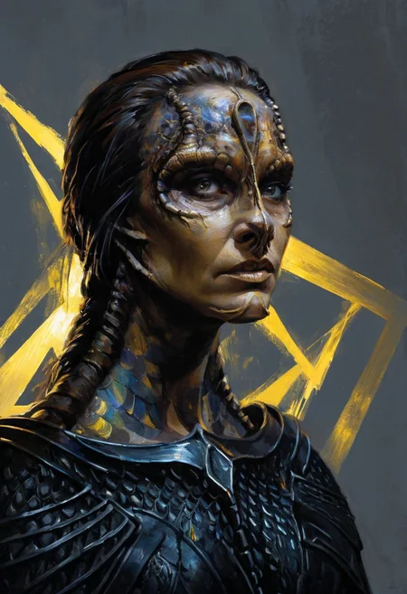 (a female c4rd45514n alien, forehead crest, grey skin, ridges, scales), approaching perfection, dynamic, moody, darkness, shadows, dark, sinister, pitch black, highly detailed, black ancient rusty knight armor, digital painting, artstation, concept art, smooth, sharp focus, illustration, art by Carne Griffiths and Wadim Kashin, dark black colors, good shadows, dim lit, devoid of color, low light, back light, hidden, obscured, black hue in hair, mirrors, prisms, reflection, refraction, prismatic, monolith, obsidian, bright yellow god rays, sun circle