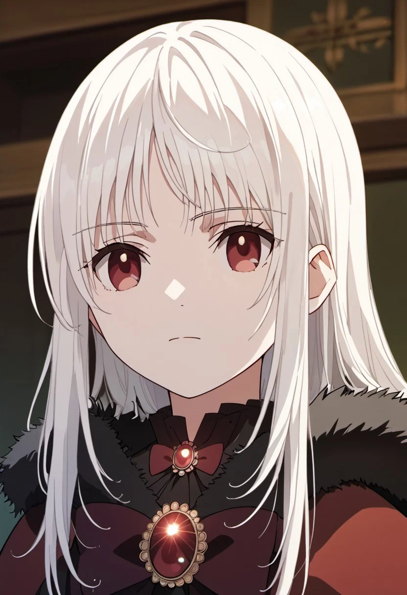 score_9, score_8_up, score_7_up, source_anime,kushina anna, white hair, long hair, red eyes, 1girl, solo, fur trim, bow, upper body, jewelry, hair down, black bow, closed mouth, anime coloring, brooch
