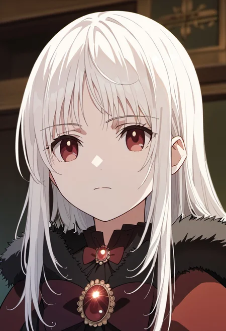 score_9, score_8_up, score_7_up, source_anime,kushina anna, white hair, long hair, red eyes, 1girl, solo, fur trim, bow, upper body, jewelry, hair down, black bow, closed mouth, anime coloring, brooch