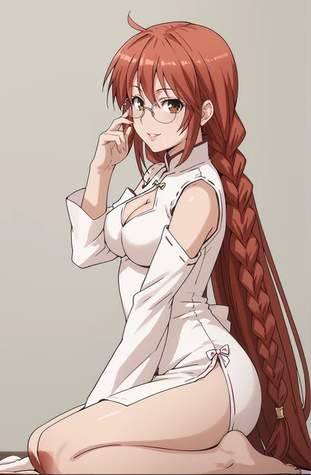 source_anime, anime screenshot, cowboy shot, from side, head turned to side, eyes looking at viewer, hand adjusting glasses, BREAK
1girl, solo, Matsu, (very long hair:1.2), red hair, (long red hair:1.3), (fishtail braid:0.5), (twin braid:0.8), thin braid, BREAK
brown eyes, glasses, soft smile, BREAK
white dress, cleavage cutout, detached sleeves, china dress, side slit,  BREAK
seiza sitting, kneeling sit, seat cushion, indoor background, plain background
<lora:SekireiSet1:1>, score_9, score_8_up, score_7_up,1girl, solo,masterpiece, best quality, very aesthetic, absurdres