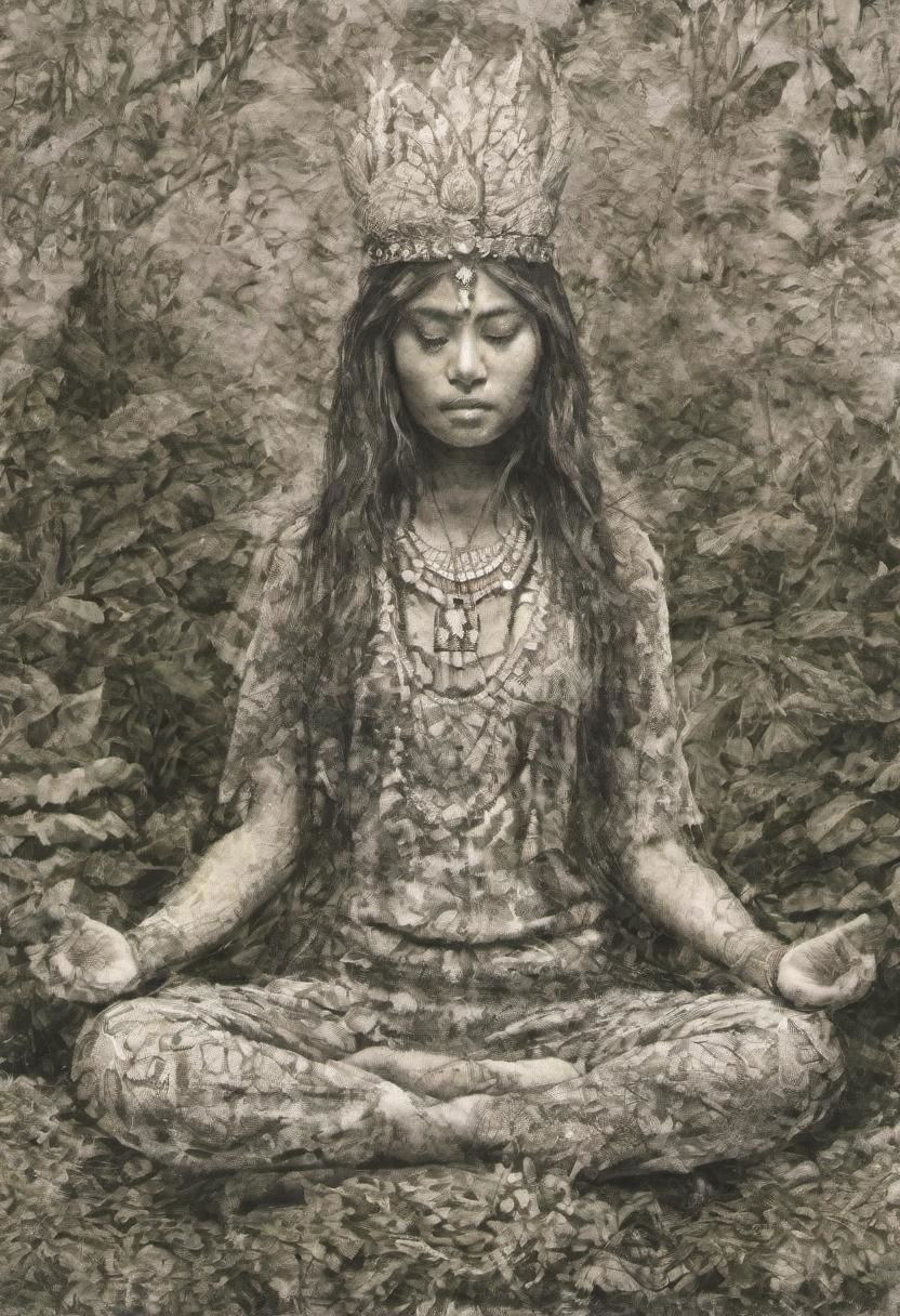 v0ng44g sk3tch, drawing, prehistorical indonesia, a young woman sitting in a meditating pose, (crowned:1.2) with fern leaf and brocoli organic composition, in a tropical jungle, intricate hyperdetailed symmetry, dramatic top lighting, glitch effect