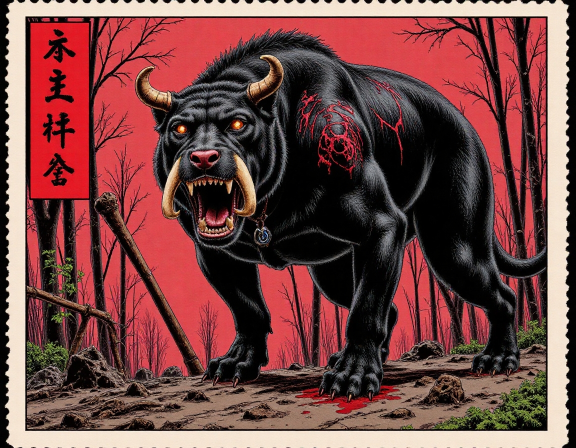 Vintage_Japanese_Stamp, 
A vintage-style Japanese red stamp featuring a towering, oni-like creature with blackened skin and glowing red tattoos swirling around its muscular body. Its massive tusks and fiery eyes glow with hatred, and it carries a club dripping with blood. The red stamp on its forehead shows it was once sealed by ancient monks, but now it roams free, seeking revenge.