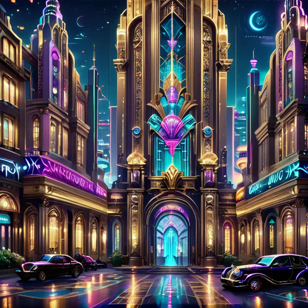 score_9, score_8_up, score_7_up,,
<lora:artdecostyle_v2Pony:0.8>,
artdecostyle_v2,
Elegant buildings, bold geometric shapes, luxurious materials, vibrant colors, symmetrical patterns, metallic finishes, urban night scene, neon lights, vintage cars