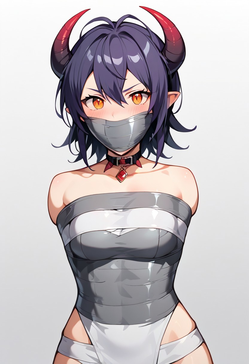 score_9,masterpiece,source_anime,2d,1girl, demon horns, blushed, wrap gag, tape gag