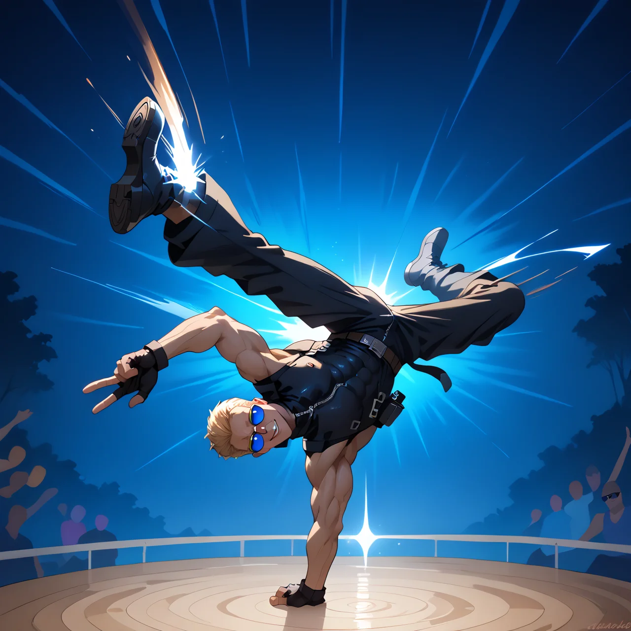 PonyScores7, source_anime, ah1, best quality, (masterpiece:1.4), (high quality:1.4), sharp focus, 4k, absurd resolution, <lora:albertwesker-guy-PONYv1:0.8> albertwesker, albert wesker, 1boy, solo, blonde, black gloves, ((sunglasses)), belt, pants, black coat, black pants, looking at viewer, toned, athletic, fit, slicked back hair, black turtleneck, zipper, mature male, (graphene textured clothes), black boots, (a magical forest diorama, with misty glades, a ranger station, wildlife photographers at work, owls hooting from above), bad-hands-5, <lora:xl_more_art-full_v1:0.2>, <lora:shinyskin2:0.2> glistening skin, <lora:aesthetic_anime_v1s:0.2>, <lora:Expressive_H:0.2> Expressiveh, <lora:hairdetailpxl:0.2> hairdetailpxl, <lora:EpicF4nta5yXL:0.2>, <lora:detailxl:0.2> detailxl, <lora:Fant5yP0ny:0.2>, (focused, intense stare), slit pupils, short hair, (blue eyes), best quality, amazing quality, best aesthetic, absurdres, <lora:expressive eyes:0.2> expressive eyes, <lora:eyedetailpxl:0.2> eyedetailpxl, illustration, Volumetric_Lighting, ultra-detailed, very aesthetic, intricate details, 8k, masterpiece, best_quality, evil smile, <lora:bdancepxl:1> (((bdancepxl, doing a handstand, one-handed, breakdance pose,  looking at viewer, cocky, motion lines, speed lines, motion blur, acrobatics, evading, dodging,Breakdancing, toprock, downrock, power moves))), ((pov aiming at boy, hands pov, pov holding gun)), <lora:WeaponsDrawn:1> Wpndrnjnwk, gun,