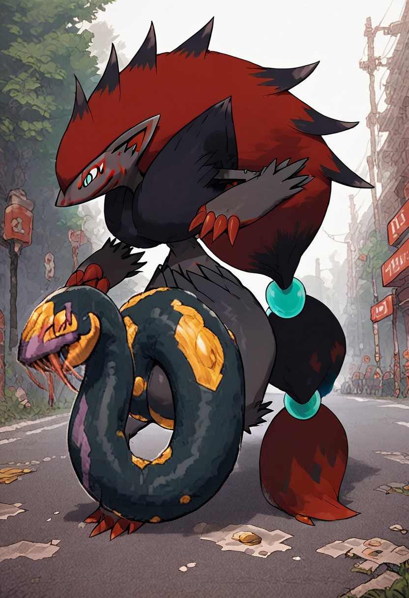 score_9, score_8_up, score_7_up, source_anime, Zoroark, pokemon (creature), hyper crotchseviper, feral, solo, treating crotchseviper in hand, long straight thick crotchseviper, crotchseviper slithering all around, running on street
