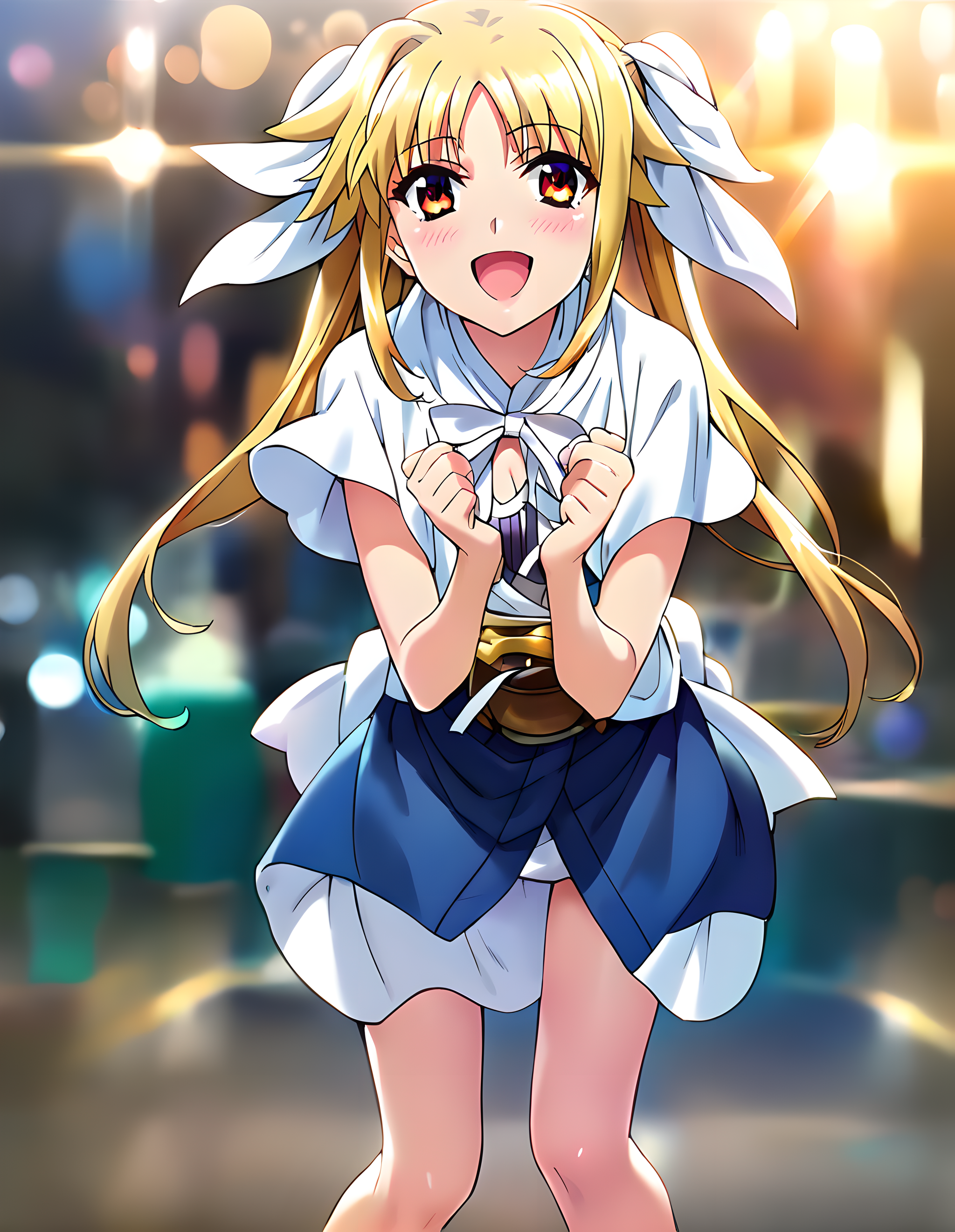 <lora:pony_xl_fate:0.8>,fate,score_9,score_8_up,score_7_up,source_anime,1girl,looking at viewer,gentle girl,:d,smile,blush,open mouth,white ribbon,casual,cowboy_shot,clenched hands,hands in front of your chest,leaning_forward,knees_together_feet_apart,city,night,illumination,lens_flare,blurry,