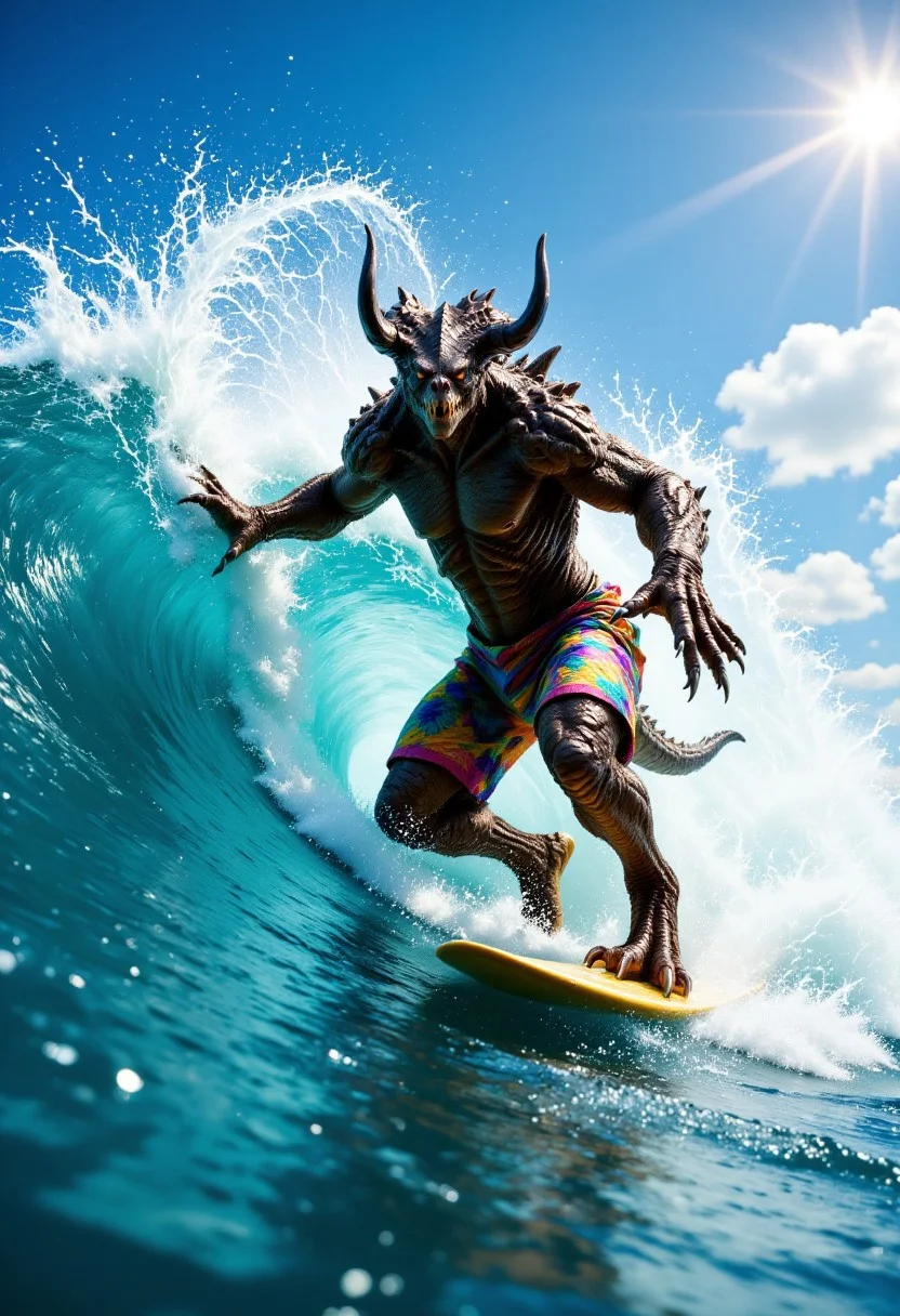 A photorealistic depiction of a massive, muscular Deathclaw surfing a towering ocean wave on a bright sunny day. The Deathclaw is wearing colorful Hawaiian shorts and a matching Hawaiian shirt, with curved horns adding an even more striking and intimidating appearance. It balances expertly on a sleek surfboard, with water spraying dramatically around it as the wave crests and curls. The clear blue sky and sparkling sunlight reflect off the water, creating a vibrant and lively beach atmosphere. The scene is dynamic, capturing the raw power of the Deathclaw and the fun of surfing in perfect weather