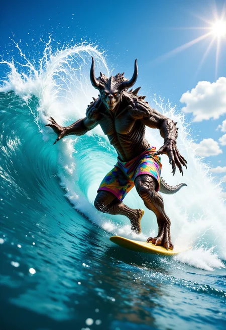 A photorealistic depiction of a massive, muscular Deathclaw surfing a towering ocean wave on a bright sunny day. The Deathclaw is wearing colorful Hawaiian shorts and a matching Hawaiian shirt, with curved horns adding an even more striking and intimidating appearance. It balances expertly on a sleek surfboard, with water spraying dramatically around it as the wave crests and curls. The clear blue sky and sparkling sunlight reflect off the water, creating a vibrant and lively beach atmosphere. The scene is dynamic, capturing the raw power of the Deathclaw and the fun of surfing in perfect weather