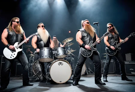 (powerbeard: 1.5), bara,heavy metal rock band, group of men, tall, burly, muscular, fat, musicians, guitars, drum set, performance, flamboyant,shades, black leather speakers, electric cables, microphones, stage lights, dry ice clouds,shadows <lora:Power_Beards:1.>