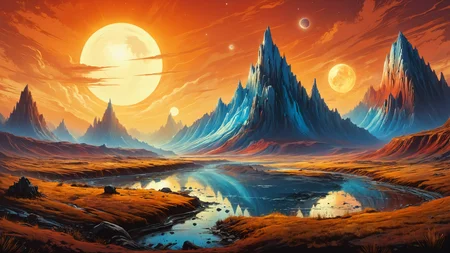 alien landscape, Glacial formations reflecting the alien sun, Dazzling sandstone formations glowing at sunset , alien [flora:fauna:0.5], Harsh Sunlight, <lora:Ive_Got_The_Power:0.8>, <lora:Rainbow_Style:0.6>, <lora:RMSDXL_Creative:0.4>
