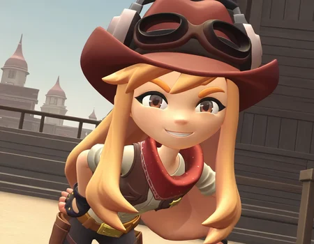 score_9, score_8_up, score_7_up, source_anime,
meggyspletzer, <lora:meggy-spletzer-ponyxl-lora-nochekaiser:1>,
meggy spletzer, long hair, blonde hair, brown eyes, 3d,
gloves, hat, pants, fingerless gloves, eyewear on head, cowboy hat, cowboy western,
outdoors, dessert, hands on hips, smile, bent over,
looking at viewer, cowboy shot, dutch angle, solo,