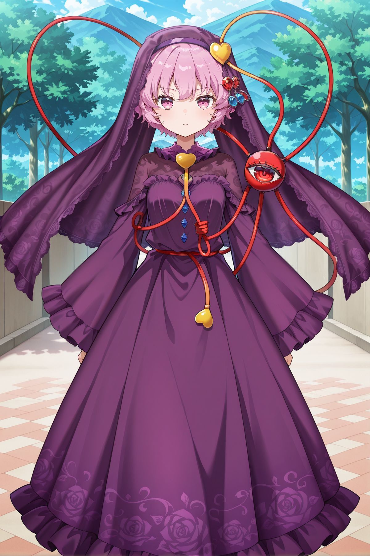 absurdres, highres, masterpiece, best quality, amazing quality, official anime artwork, screencap, anime screencap, looking at viewer, outdoors, serious, 
<lora:Komeiji-Satori_IllustriousV2:1> komeiji satori, 1girl, solo, pink eyes, pink hair, short hair, third eye,, komeiji satori \(midnight mentalist\), alternate costume, lace-trimmed veil, heart hair ornament, gemstone hair ornament, blue gemstone, red gemstone, purple bow, purple collar, purple dress, frilled sleeves, wide sleeves, lace-trimmed dress, see-through cleavage, print dress, detached sleeves,